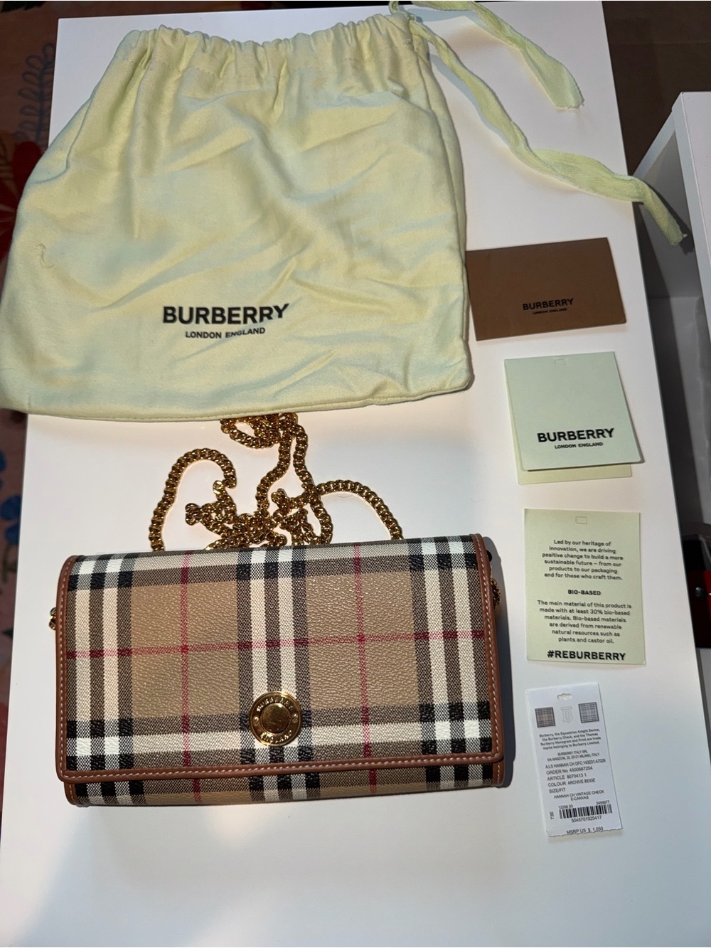 Burberry Hannah Coated Check Wallet on Chain.

New with tags.